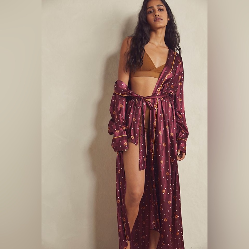 FREE PEOPLE Women's Pajama Party Holiday Robe In Wine Combo Size Large New
